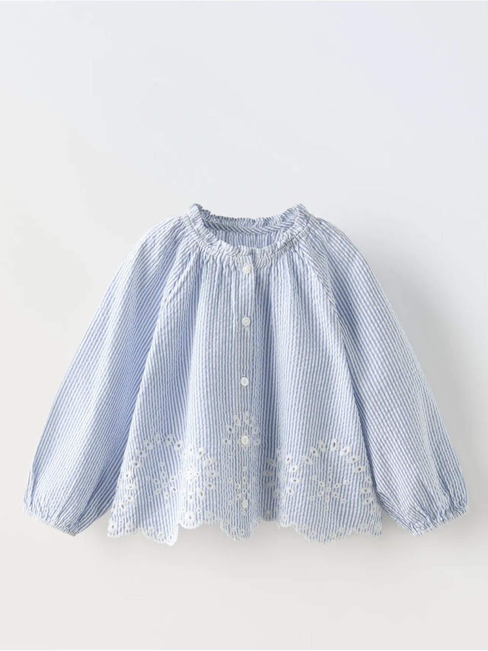 Zara Light Blue & White Striped Eyelet Hem Button Blouse